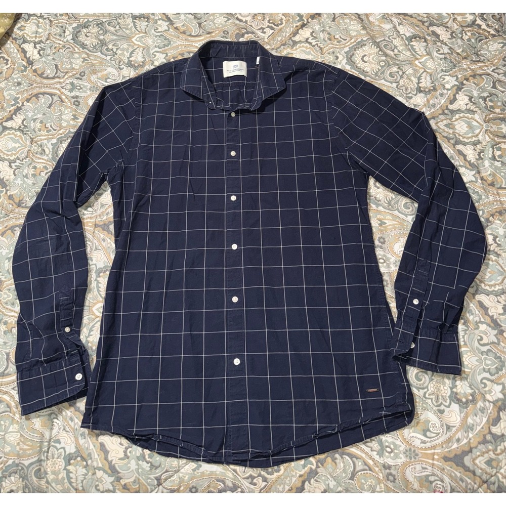 Scotch & Soda Mens XL Navy Blue Windowpane Grid Long Sleeve Button Down Shirt